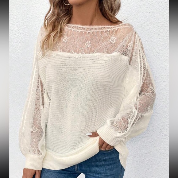 Comfy Elegant Sheer Mesh Lace Boat Neck Batwing Sleeve Sweater Top - Picture 3 of 16